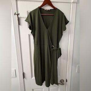Michael Kors Olive Green Midi Wrap Dress with Ring Tie